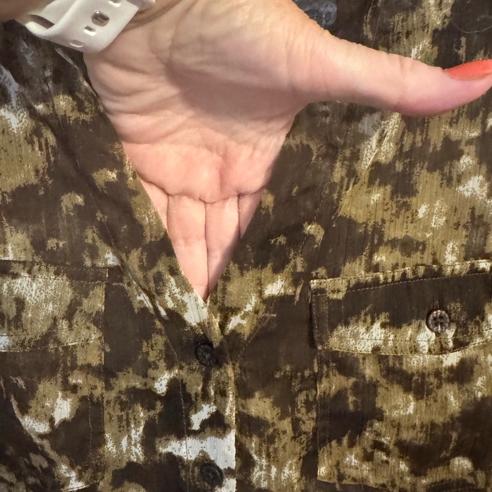 BROWN/TAN/GREEN PRINT 3/4 Sleeve Button Down TOP CREAM/LACE DETAIL SZ: 18 #V - Picture 2 of 10